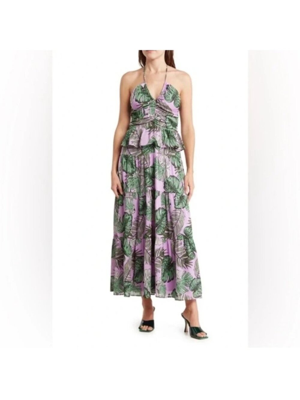 NSR Tropical Palm Print Ruffle Tiered Maxi Dress Size XS Purple Green Halter